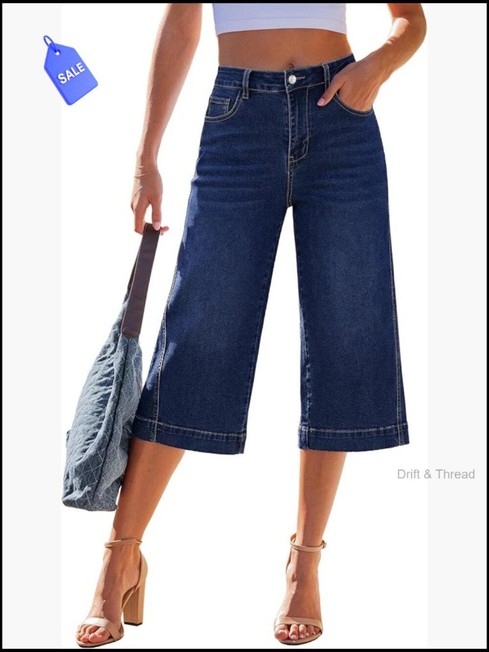 Wide Leg High Waisted Capri Jeans Side Seam Stretchy Denim Capris Summer Casual